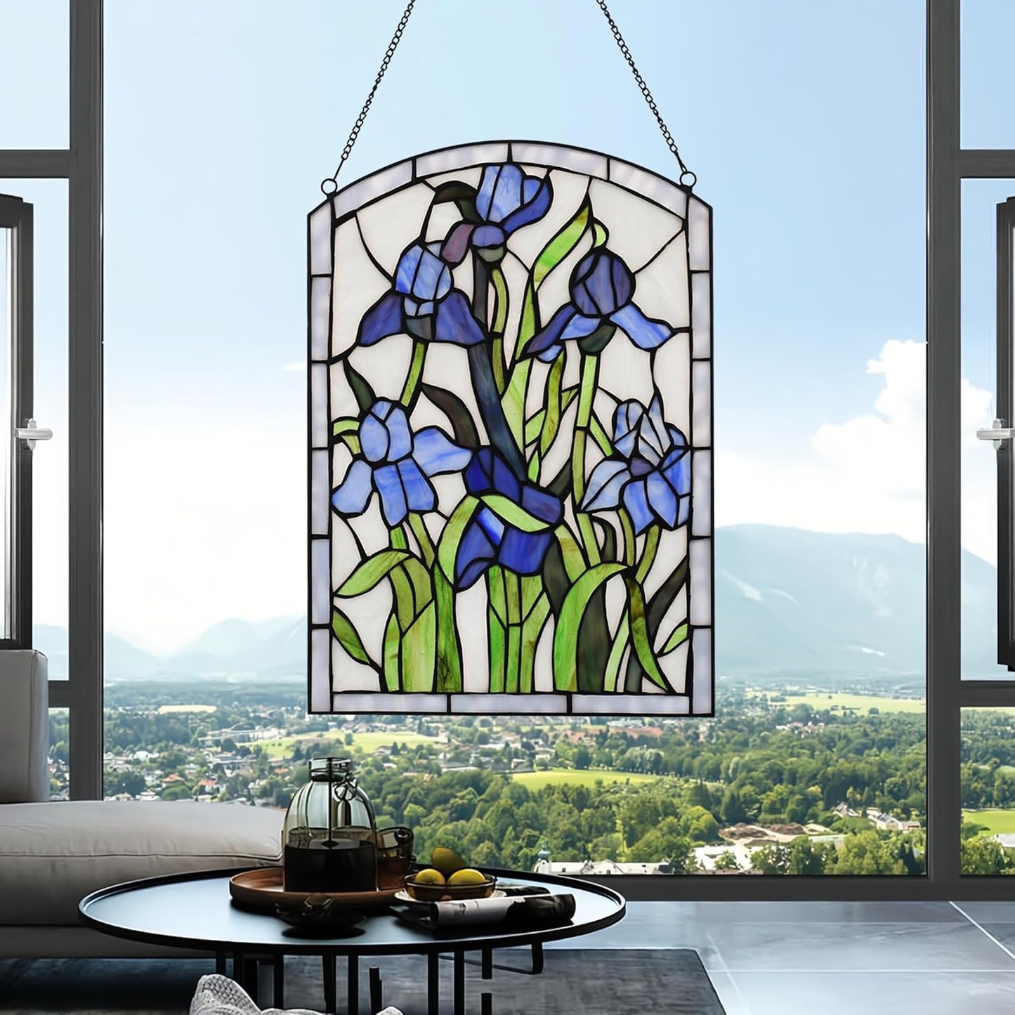 YOURANJU Iris Stained Glass Window Hanging 16" H x 11" W Tiffany Style Blue Rectangular Window Panel Suitable for Living Room Bedroom Kitchen Window Decoration Hangings with Chain