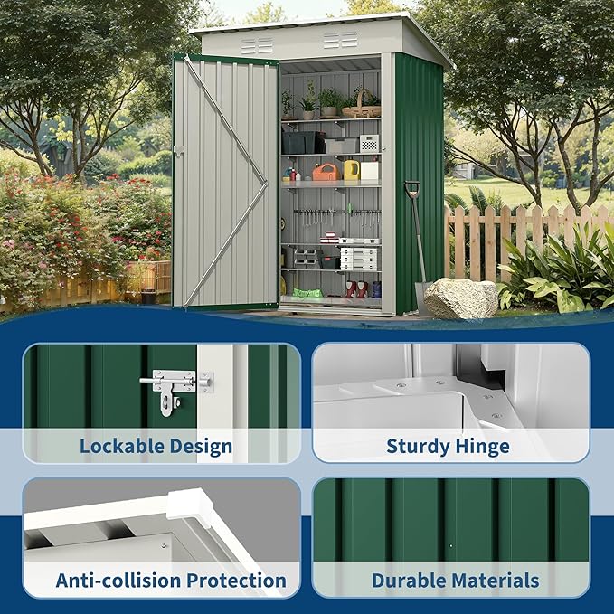 5x3FT Multi-Used Shed & Outdoor,Storage Shed with Lockable Door,Anti-Corrosion Storage House with Sloping Roof for Backyard Outdoor Patio(Green)