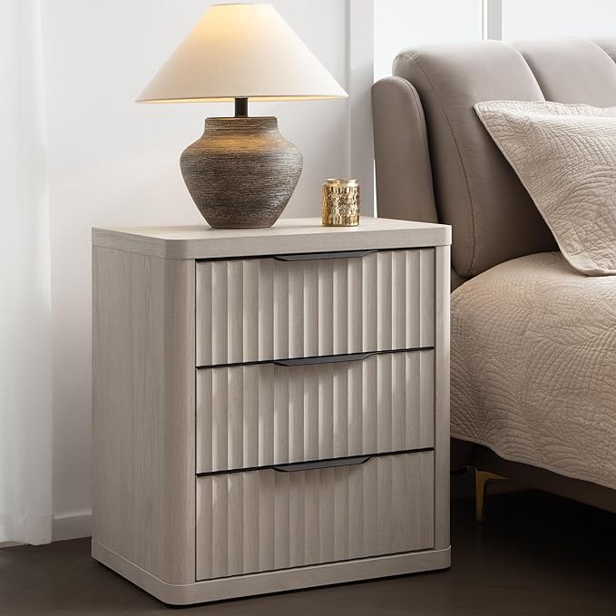 SICOTAS Night Stand Set of 2 Nightstands with 3 Drawers Storage Bedside Table Large Fluted Bed Side End Table Modern 25.6" Tall Wide Night Stands for Bedroom Living Room Sofa Couch Office, White Alder