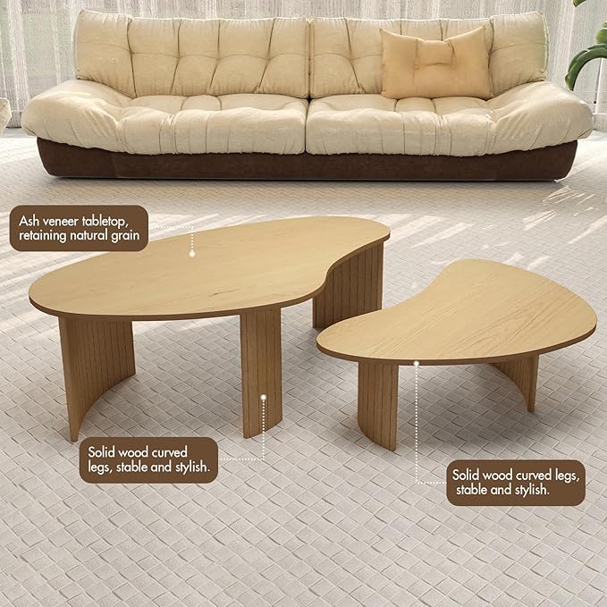 Nesting Coffee Tables Set of 2, Cloud Coffee Tables with Fluted Legs, Ash Veener End Table for Living Room, Natural