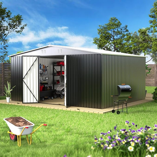 14 x 12FT Outdoor Storage Shed, Metal Waterproof Storage Shed Steel Utility Garden Tool Shed with Door & Lock Outdoor Storage,All-Weather Shelter for Bike, Gardening Tools, Lawn Mowers,White