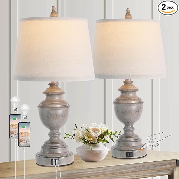 Gray Table Lamps for Bedroom Set of 2 with USB Port, Vintage 3-Way Dimmable Touch Control Nightstand Lamps, Bedside Lamps for Living Room, Farmhouse Lamps with Tapered Linen Drum Shade, Bulbs Included