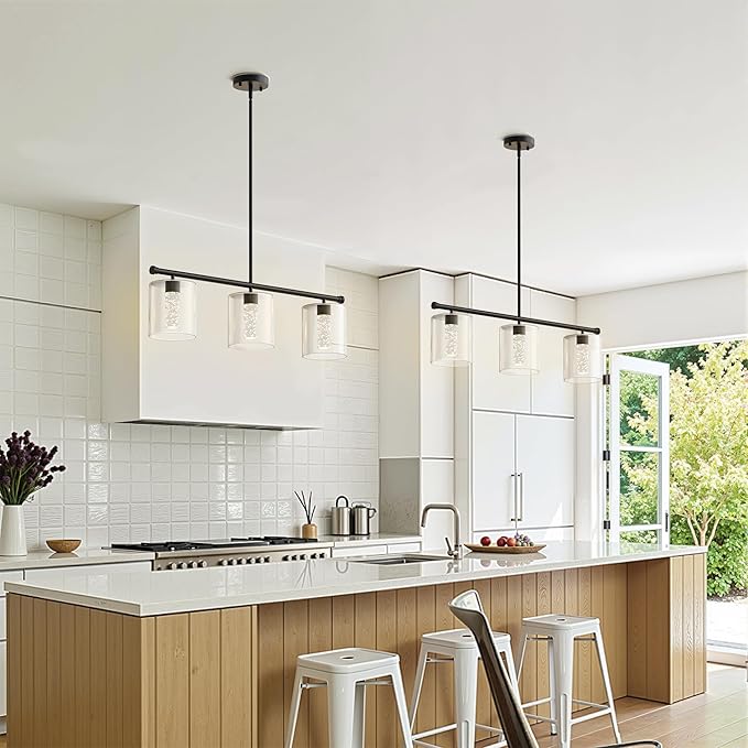 DORESshop 3-Light Chandelier for Dining Room Light Fixture Over Table, 31.3" Modern Black Chandelier with Glass Shades, Adjustable Hanging Pendant Lights Kitchen Island with Remote, 3CCT
