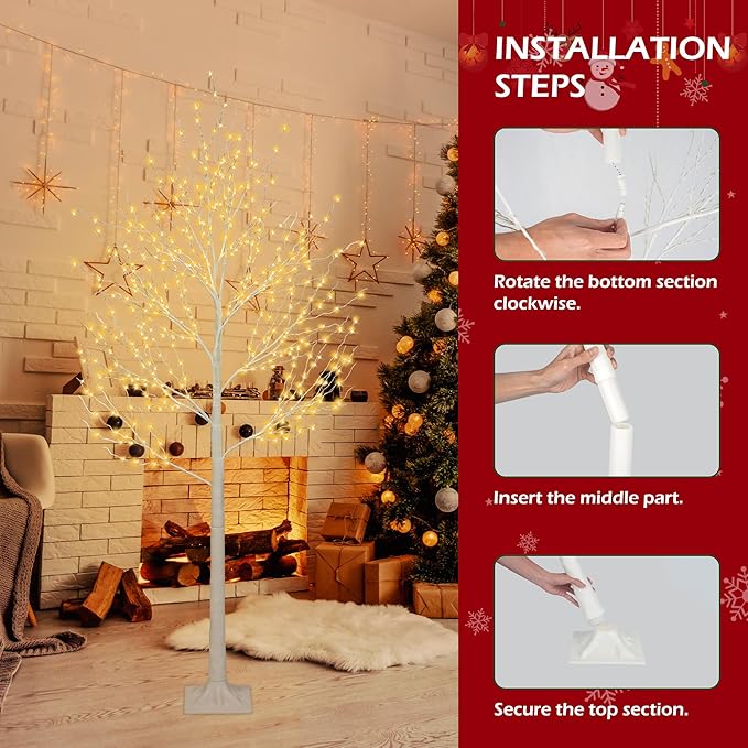 HUGROVE Lighted Birch Tree,4FT/5FT/6FT White Twinkle Christmas Tree with LED,Warm White,Adjustable Branches, Artificial Birch Tree Lights with Timer,Indoor & Outdoor & Christmas Use (Branches)