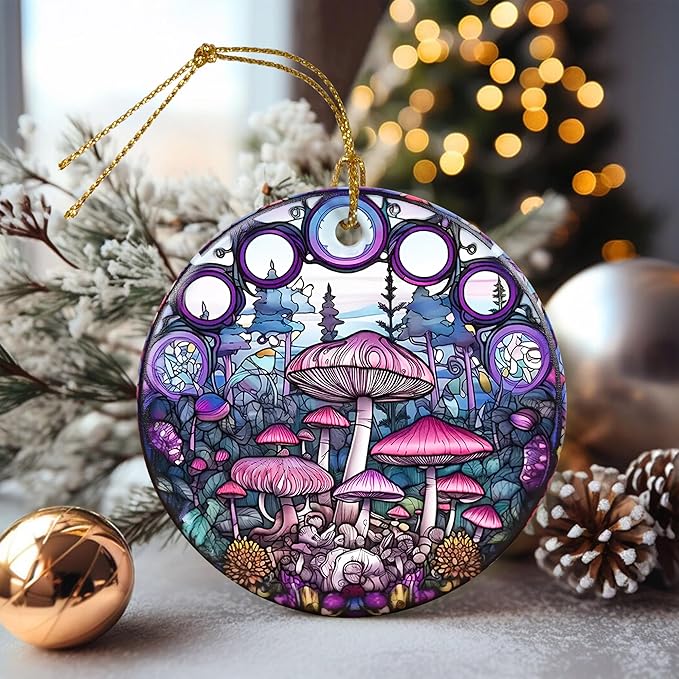 Stained Ceramic Mushroom Ornament - Christmas Tree Ornament - Christmas Decoration - Mushroom Decor for Office, Room, Home - Gift for Nature, Plant Lovers