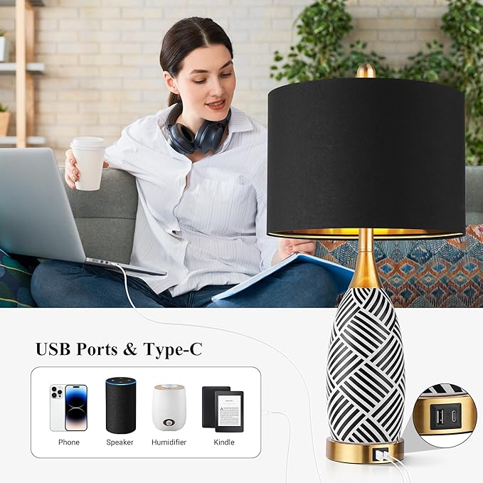 25.5" Touch Control Black and Gold Lamp,3-Way Dimmable Modern Ceramic Table Lamps with USB & Type-C Ports,Classic Black/White Striped Bedside Lamps for Bedroom Living Room Office(Bulbs Included)
