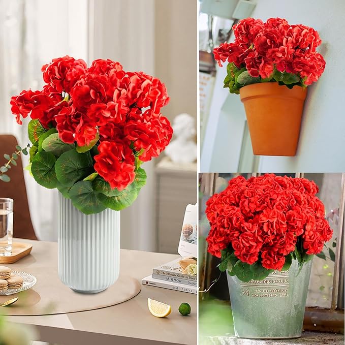6 Bundles Artificial Flowers for Outdoors, Faux Geraniums Artificial Flowers Realistic, Faux Plants Outdoor UV Resistant for Garden Patio Porch Window Box Home Indoor Outdoor Decor (12, Red)