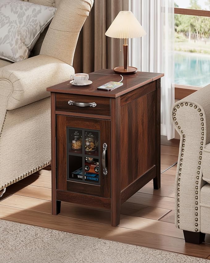WLIVE End Table with Charging Station, Narrow Side Table for Living Room, Farmhouse Night Stand with Storage, Small Wooden Cabinet Nightstand with USB Ports and Outlets, 23.7" D x 13.78" W x 23.7" H