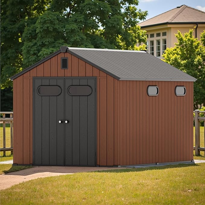 CRESTLIVE 8x12 FT Rust-Resistant Plastic Outdoor Storage Shed, Waterproof Resin Garden Shed with Floor, Doors, Skylight & Vent for Lawn Tools & Bikes