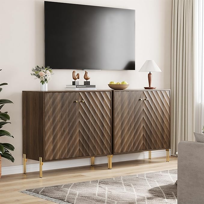 Sideboard Cabinet with Adjustable Shelf, Freestanding Walnut Buffet Cabinet with Storage, Wooden Storage Cabinet with Textured Diagonal Lines Doors for Living Room, Entryway, Console