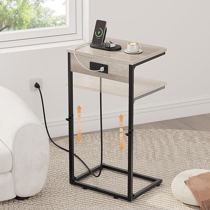 Vagusicc C Shaped End Table with Charging Station, Adjustable Height Side Table for Couch,Small Side Table Small Spaces,33.2'' Tall Couch Tables that Slide Under, Tv Tray Table for Living Room, Greige