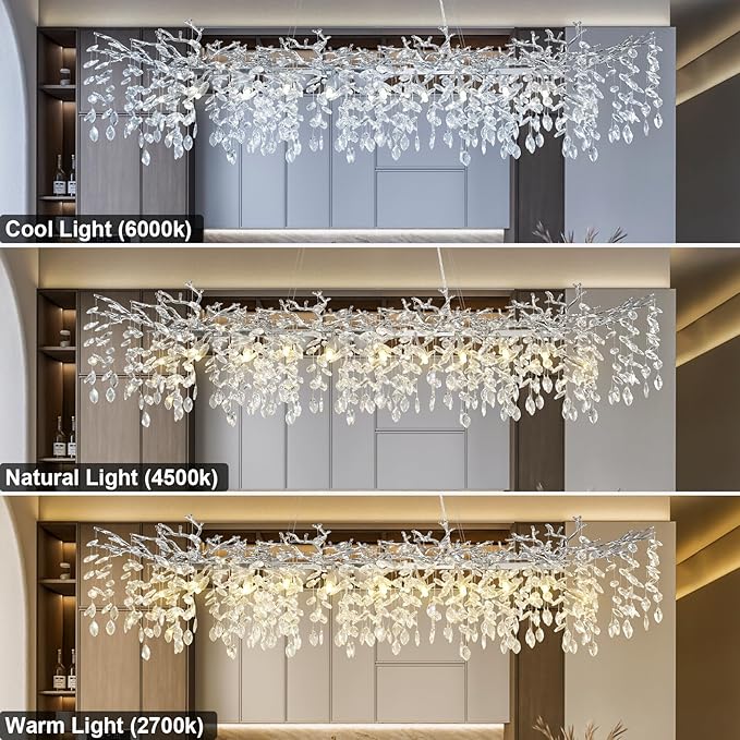 YUYI 71" Silver Chandelier, 20-Light Modern Crystal Tree Branch Chandelier, Luxury Rectangular Chandeliers for Dining Room, Kitchen Island, Living Room, Contemporary K9 Crystal Raindrop Light Fixture