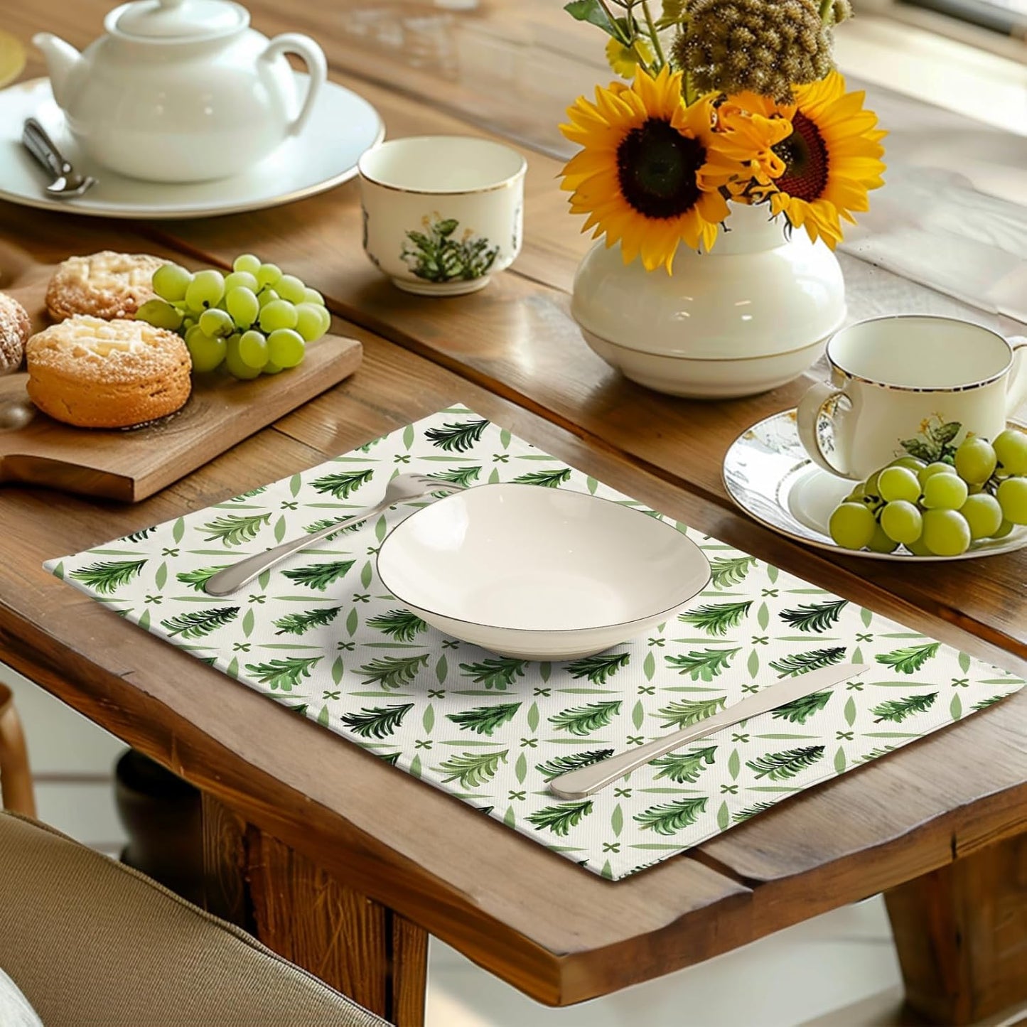 Sage Green Pine Tree Christmas Placemats Set of 4 Xmas Farmhouse Rustic Style Print Place Mat Seasonal Winter Holiday Linen Table Mats for Indoor Outdoor Kitchen Dining Party Decor