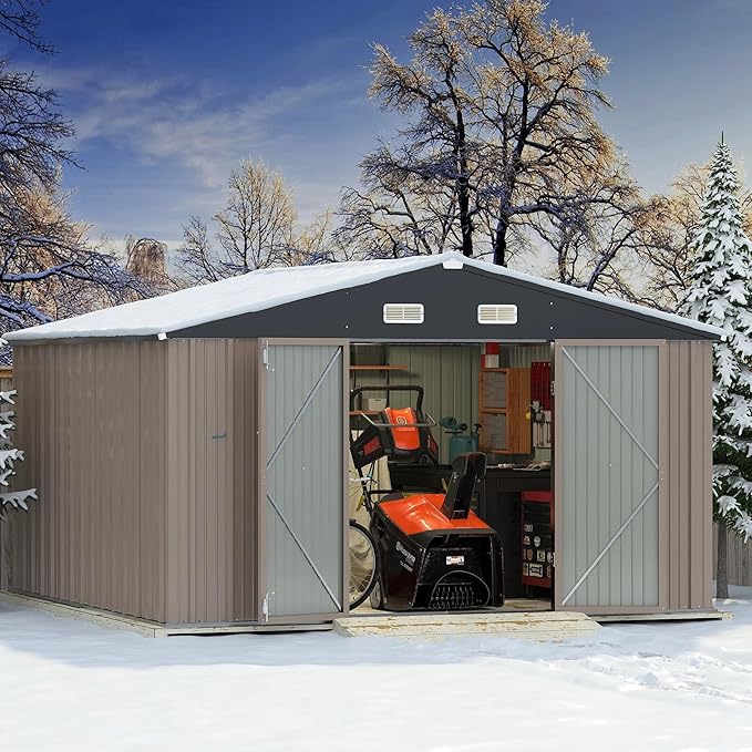 Greesum 10×10 FT Outdoor Storage Shed, Metal Storaged Sheds Without Floor, Tool Sheds with Lockable Doors and Slooping Roof for Garden, Patio, Backyard, Brown