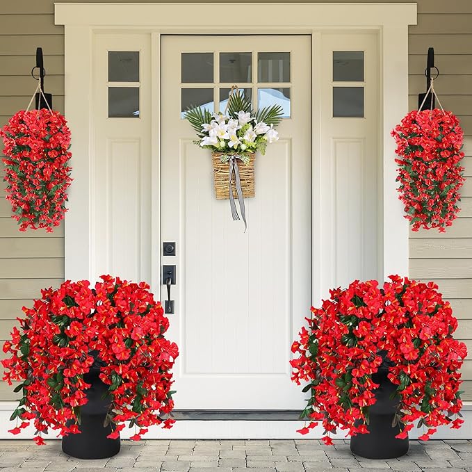 Sggvecsy Artificial Fake Hanging Flowers Plants for Outdoor Outside Spring Summer Decoration 4PCS Faux Silk UV Resistant Realistic Morning Glory Trailing Vines for Home Porch Patio Balcony(Red)