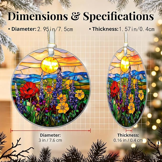 Wildflower Christmas Ornaments 2025, Stained Glass Christmas Tree Decorations, Exchange for Women, Men, Collectible Dated Year Ornaments for Tree - Glass Hanging Ornament