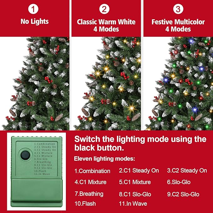 6.5 Ft Pre-Lit Artificial Christmas Tree with 400 Dual Color LED Lights & Timer - Snowy Spruce with 1100 Branch Tips & 60 Pine Cones & 60 Berries Indoor Outdoor Home Christmas Decorations