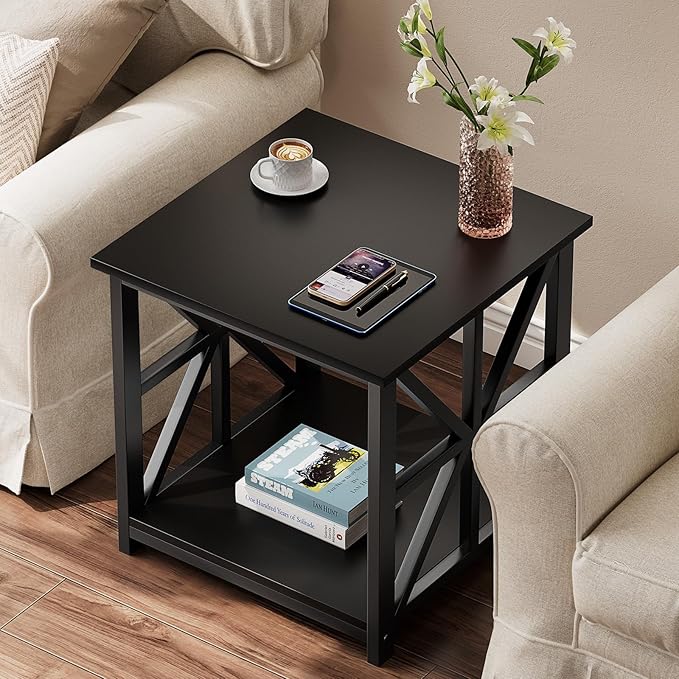 GreenForest End Table with 2-Tier Storage Shelf, 24 inch Large Side Table for Living Room, Modern Nightstand for Bedroom Bedside Office Farmhouse, Black