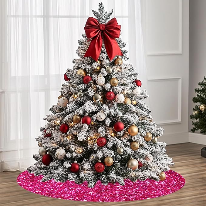 Hot Pink Christmas Tree Skirt 46 inch Sequin Velvet Tree Skirts Large Christmas Tree Skirt Fuchsia Round Tree Skirts for Artificial Trees Sparkle Christmas Tree Base Cover Holiday Party Decor