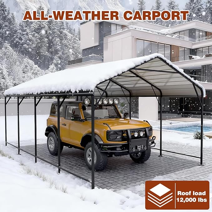 LEVELEVE 12x20 FT Heavy-Duty Metal Carport, Galvanized Steel Car Canopy with Reinforced Base Frame, Outdoor Shelter for Cars, Trucks, Boats, Tractors & RV