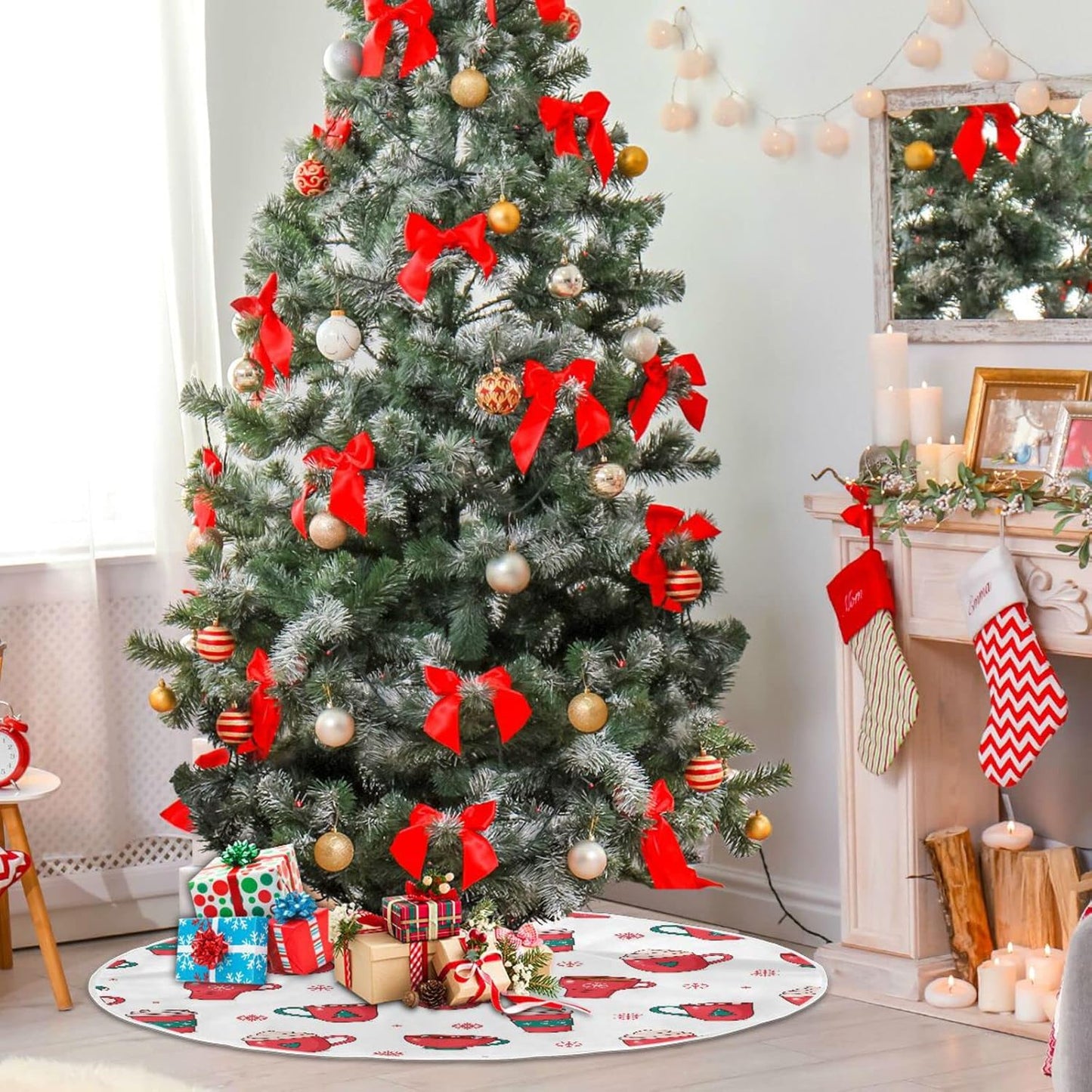 Christmas Hot Chocolate Coffee Tree Skirt, Seasonal Tree Mat Holiday Party Supplies Ornaments Indoor Outdoor Decorations for Tabletop Trees 35.4 Inches