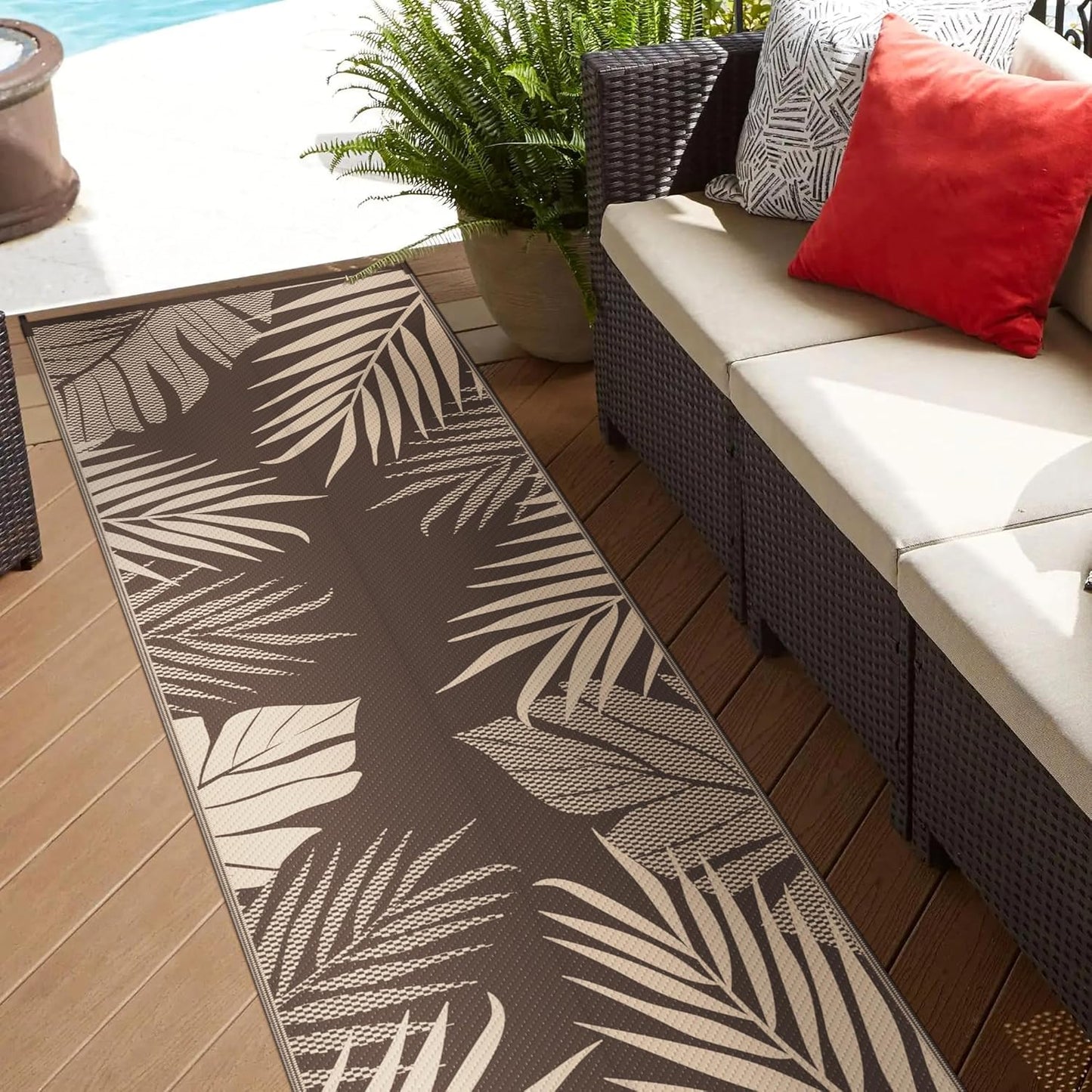GENIMO Outdoor Rug 2.5' x 8' Waterproof for Patios Clearance, Reversible Outdoor Plastic Straw Camping Rug Carpet, Large Area Rugs Mats for RV, Camper, Deck, Balcony, Porch, Beach, Coffee&Beige
