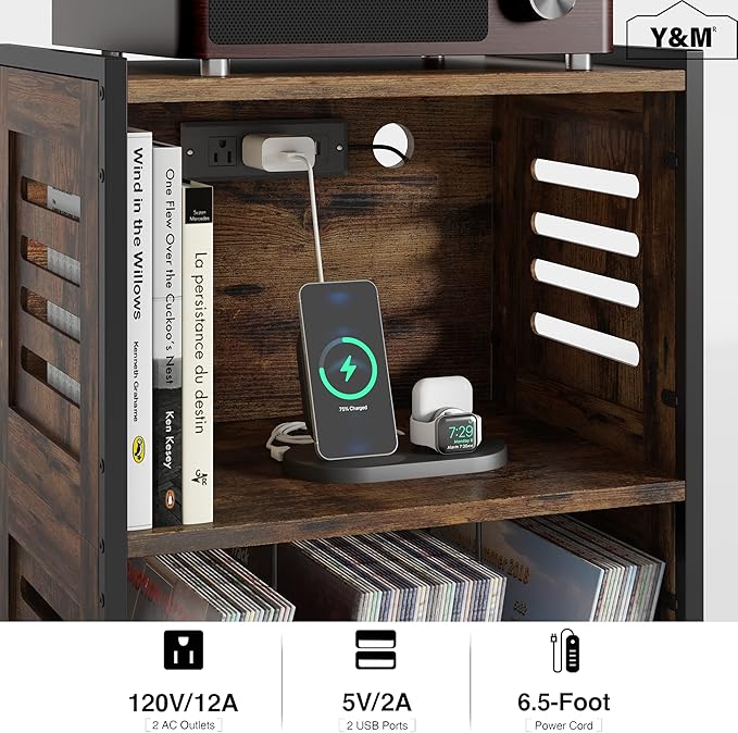 Y&M Record Player Stand, Vinyl Turntable Stand with Charging Station and USB Port, Record Display Table with Storage Cabinet, Turntable Holder, End Table, Nightstand for Bedroom, Living Room, Brown