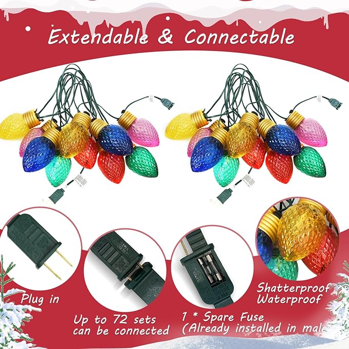 16Ft Jumbo LED Multicolor Christmas String Lights Outdoor with 10 LED Strawberry Bulb, Connectable Hanging String Lights for Indoor Home Outdoor Porch Patio Eave Xmas Trees Roofline Decorations