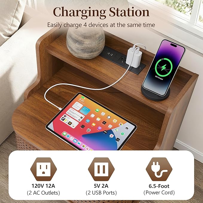 Metal Rattan End Table Set of 2 with Charging Station, Mid Century Modern Nightstand with 2 Doors, Bed Side Table with Storage for Couch,Living Room, Sofa Side Table for Office,Dorm - Walnut