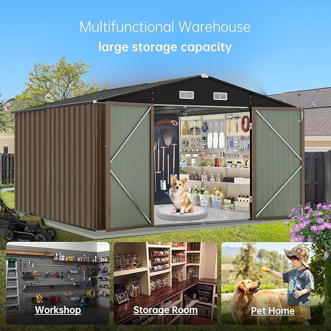 12X10FT Metal Storage Shed - Large Waterproof Tool Metal Shed with Lockable Doors & Vents, All-Weather Outdoor Sheds for Lawn Mower, Bike