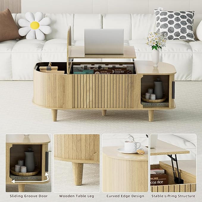 Oval Lift Top Coffee Table, Mid Century Modern Center Table with 3 Hidden Compartment, Coffee Tables with Storage Open Shelf and Sliding Cabinet Door for Home Living Room Office (Natural)