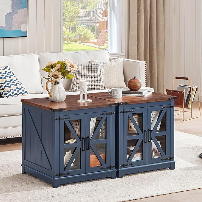 Farmhouse End Table,24" Large Sofa Side Table with Charging Station Glass Barn Door,Wood Nightstand with Adjustable Storage Shelf,Square Bedside Table for Living Room,Bedroom,Office-Blue