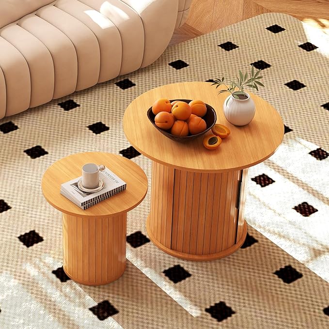 COSVALVE Round Wood Fluted End Table, 15.7” Circle Farmhouse Side Table Sets for Living Room, Bedroom, Balcony, Small Spaces, Natural