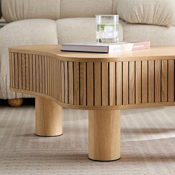 WILLIAMSPACE 42.52" Wooden Coffee Table, Modern Luxury Handcraft Wood Circle Drum Coffee Table for Living Room, Accent Center Table Side Table with Solid Wood Leg for Apartment (Natural)