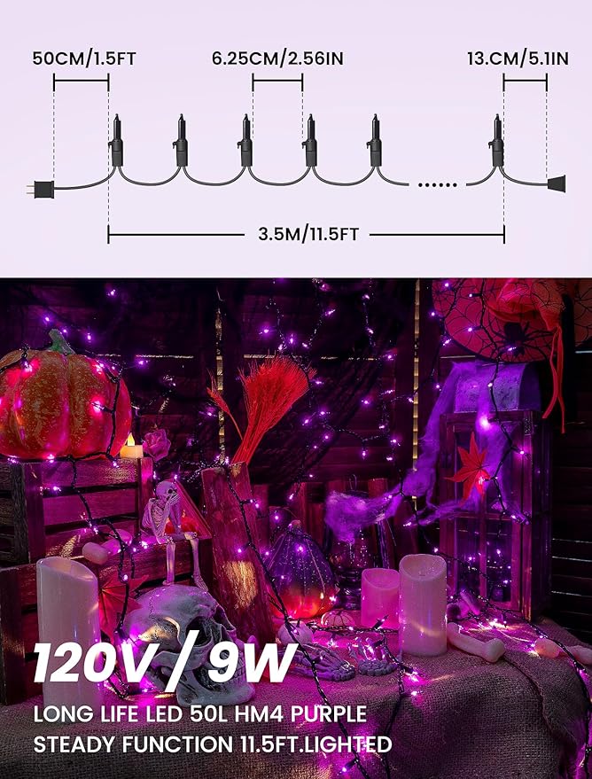 Hopolon Purple Halloween Lights,2PACK 13ft 50Count Halloween Decorations Mini Purple String Lights with Black Wire Waterproof Certified for Indoor Outdoor Christmas Tree Home Party Garden Holiday