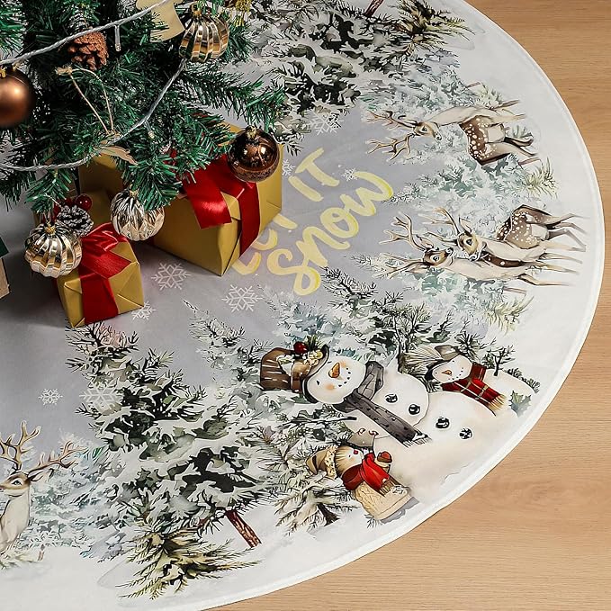 Christmas Tree Skirt 48 Inch, Snowman and Reindeer Design, Thick Flannel Fabric, Rustic Farmhouse Xmas Tree Skirt for Holiday Christmas Decorations