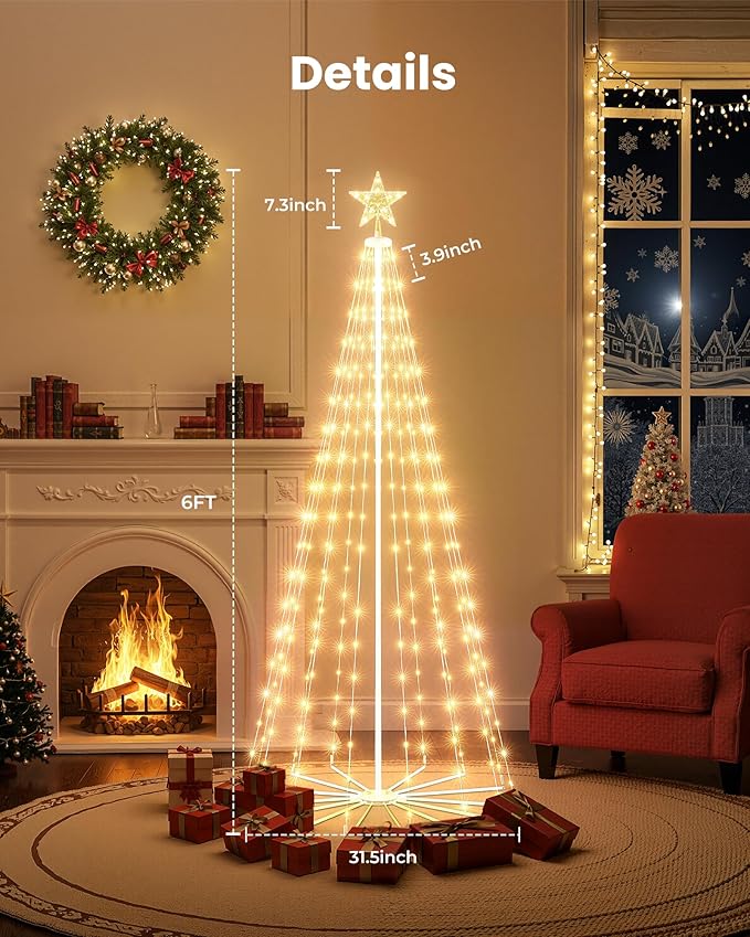 Outdoor Christmas Cone Tree Light with Star Topper, 6ft 265 LED Lightshow Christmas Tree with 8 Modes Timer Remote, Dimmable Artificial Tree for Porch Yard Patio Indoor Decorations, Warm White