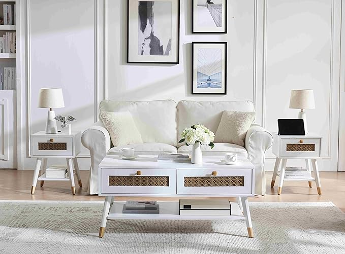 White Coffee Table with Storage Drawers & Open Shelf, Mid Century & Boho Living Room Table with Gold Metal Designed for Home