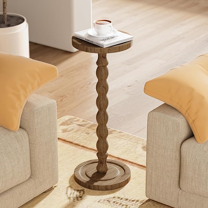 Small Side Table, Rubberwood‌ Drink Table for Small Spaces, Solid Wood Pedestal Tables, Round End Tables for Living Room, Bedroom, Corners, and Office (Brown, 9.4 inch)