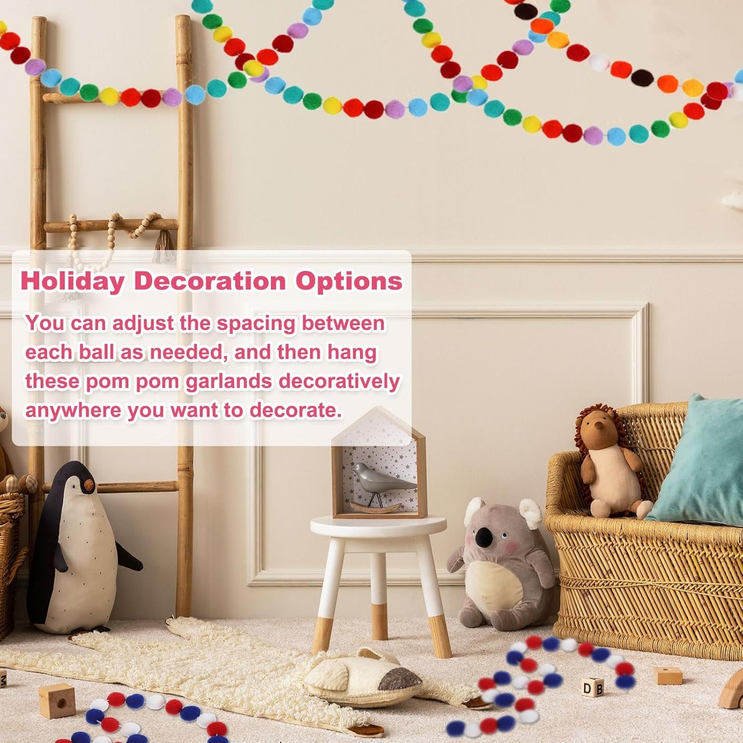 PATIKIL 13Ft Pom Pom Garland Decorations, 2Pcs Colorful Felt Ball Garland Banner Cute Rainbow Pompom Hanging Decorations for Tree Ornaments Homes Decor, Multicolor