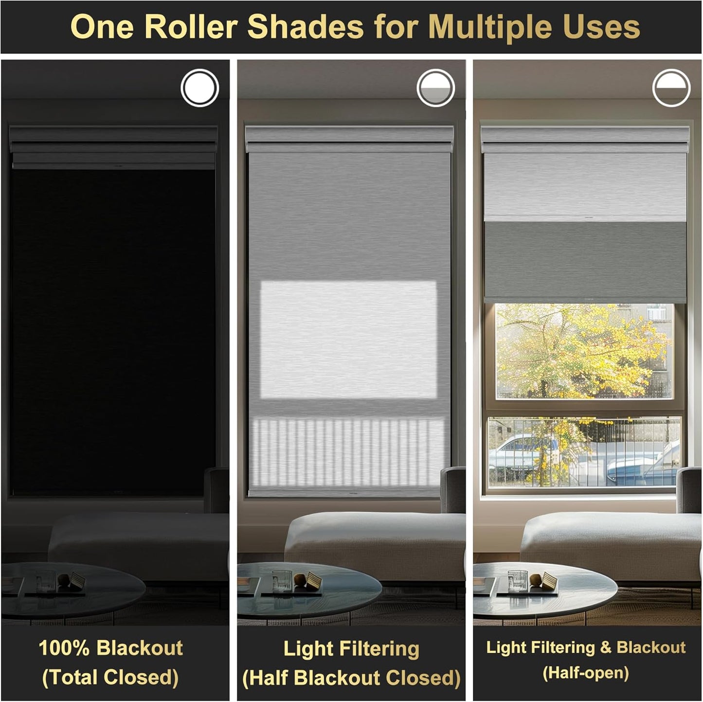 BERISSA Dual Roller Shades with Cassette Valance - Double Blackout and Light Filtering Shades, Day and Night for Home Office Door. Grey and White. 35 W x 36" H