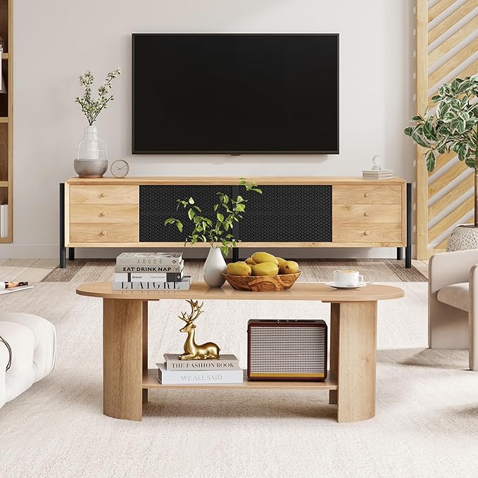 43.3” Oval Coffee Table for Living Room, Wood Farmhouse Coffee Tables with Storage, 2-Tier Center Table with Storage Shelf Low Tea Table for Small Space, Home, Office, Easy Assembly (Natural)