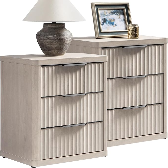 SICOTAS Night Stand Set of 2 Nightstands with 3 Drawers Storage Bedside Table Large Fluted Bed Side End Table Modern 25.6" Tall Wide Night Stands for Bedroom Living Room Sofa Couch Office, White Alder