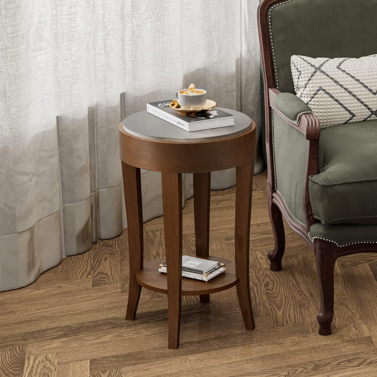 COSIEST Round End Table, 2-Tier Classic Brown Side Table, Farmhouse Wood Accent Table with Storage Shelf for Living Room, Bedroom, Office, Distressed Glaze Finish