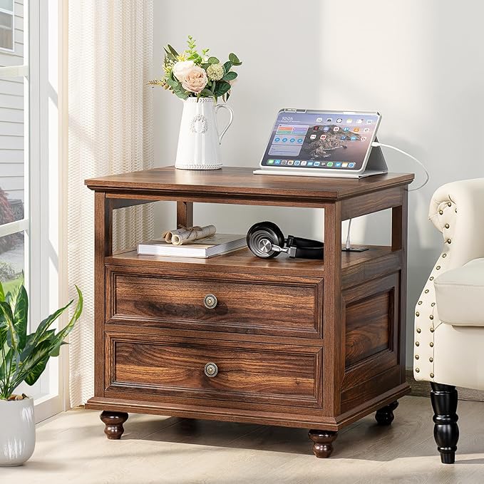 Farmhouse Nightstand Set of 2 with Charging Station, 24" Wide End Table with 2 Drawers,Brown Dresser for Bedroom,Bed Side Table Chest of Drawers Cabinet, Night Stand for Living Room