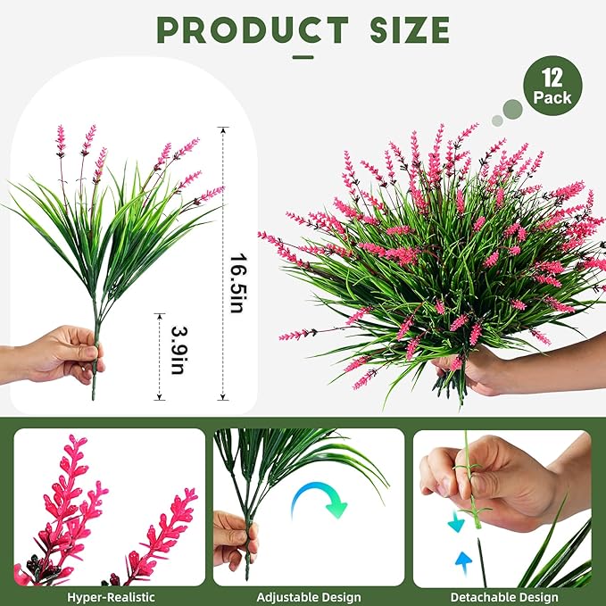 12 Bundles Artificial Lavender Flowers Faux Plants for Outdoor Fake Monkey Grass with Flowers Realistic Faux Greenery Shrubs for Porch Planters Patio Garden Window Boxes Pathway Decor (Pink)
