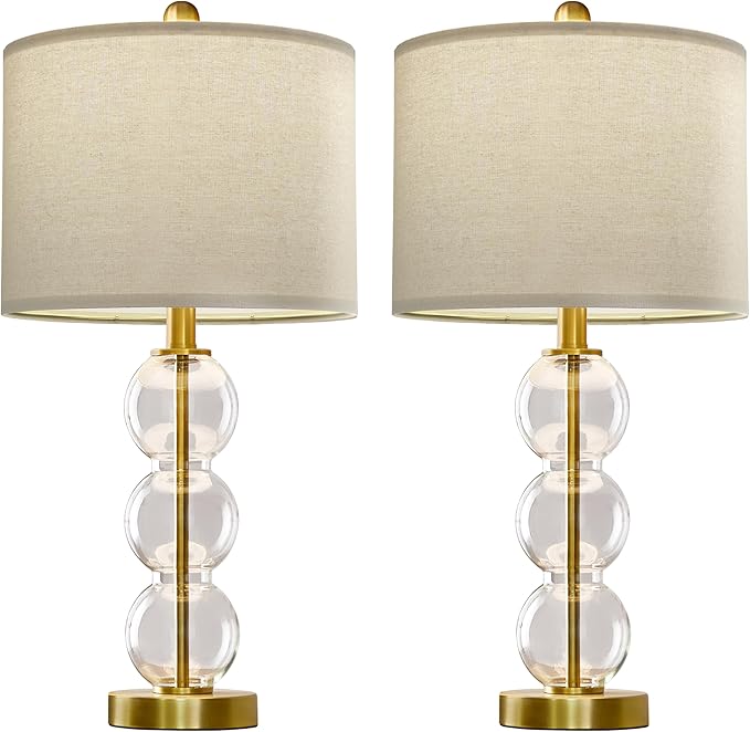 Oneach 25" Glass Table Lamps Set of 2, Gold Modern Table Lamps with USB Ports for Living Room, Linen Shade Bedside Lamps for Bedroom, Nightstand, Side Table (Bulbs not Included)