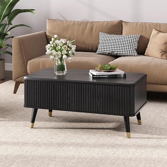 Lift Top Coffee Table with Storage, Mid Century Modern Walnut Fluted Coffee Table, Rectangular Wood Center Table with Rising Desktop & Open Shelf for Work from Home, Living Room, Black