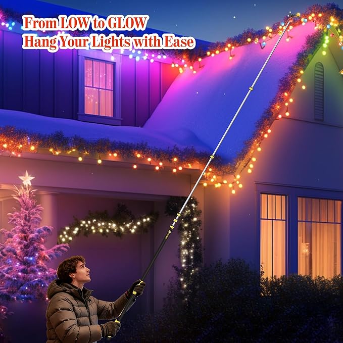 6-24 FT Christmas Light Telescopic Hanger Pole with Utility Hook, Stand Reach 30 Feet Long 3/4 inch Threaded Pole Reaching High Place for Hanging and Installation Lights String, Clothes and Birdfeeder