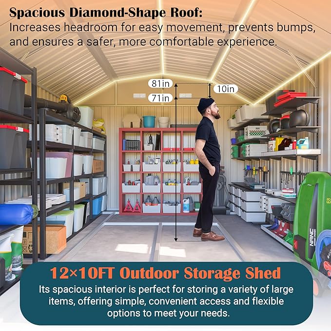 10x12 FT Metal Storage Shed with Floor Frame, Heavy-Duty Outdoor Storage Building with Diamond Roof, 4 Air Vents, Transparent Window & Lockable Double Doors, Snow-Resistant Backyard Garage Shed